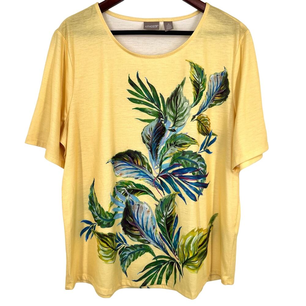 Chicos Sz XL 3 Yellow Green Tropical Short Sleeve Blouse Shirt Top Beach Hawaii
